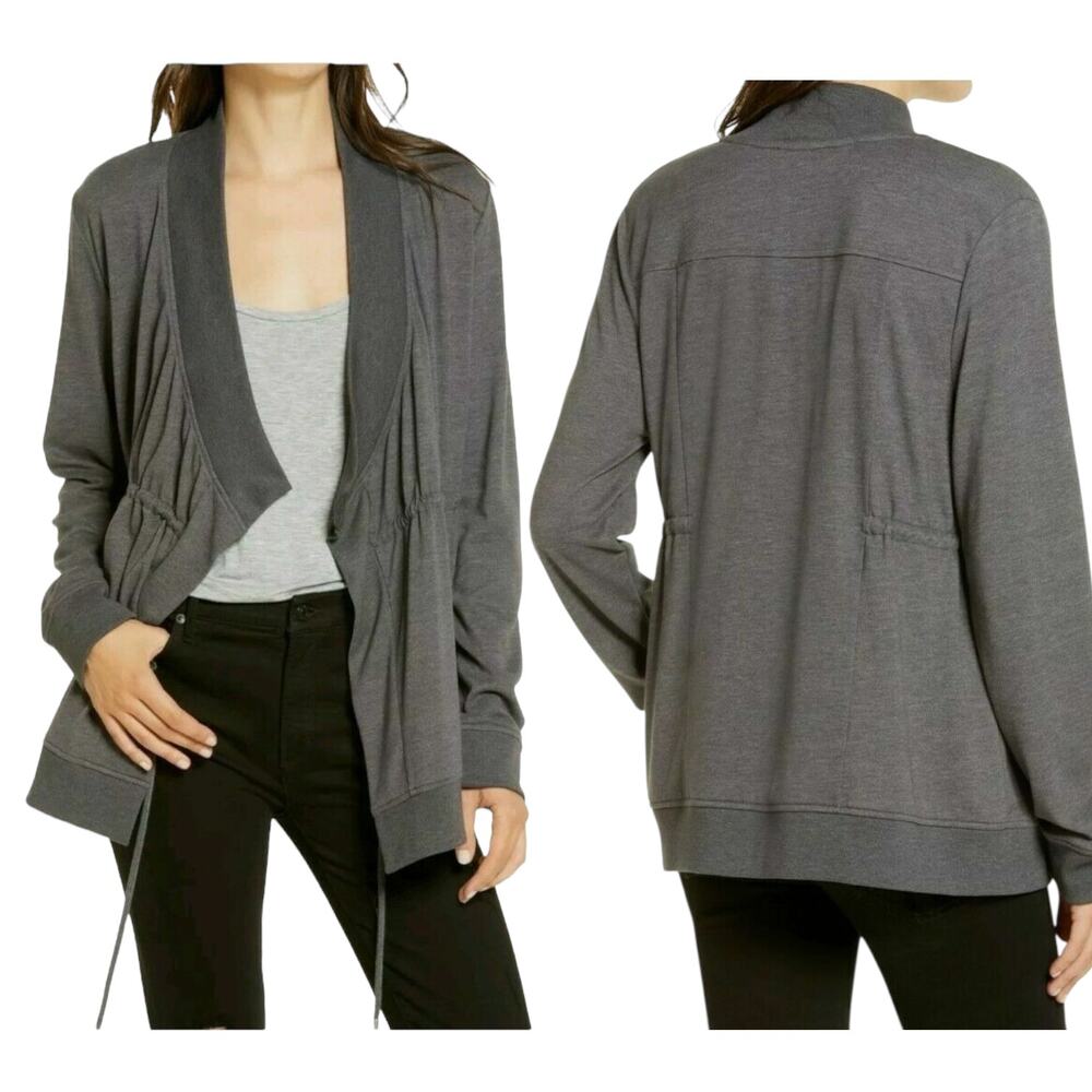 ALLSAINTS Gina Drape Jacket Waterfall Soft Jersey Drawstring Gray Relaxed Trendy